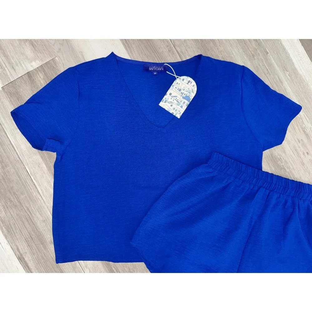 Meet Me In Santorini Short Set Women Blue V-Neck Top Elastic Waist Shorts XS